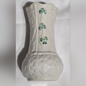 Vintage Belleek Porcelain Vase with Green Clover Design